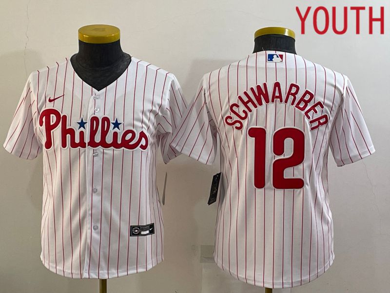 Youth Philadelphia Phillies #12 Schwarber White Stripe Game Nike 2022 MLB Jersey